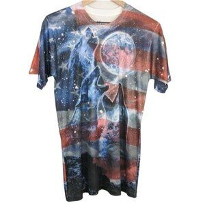 Spirit of America flag three wolf moon sublimation print dry fit t-shirt small